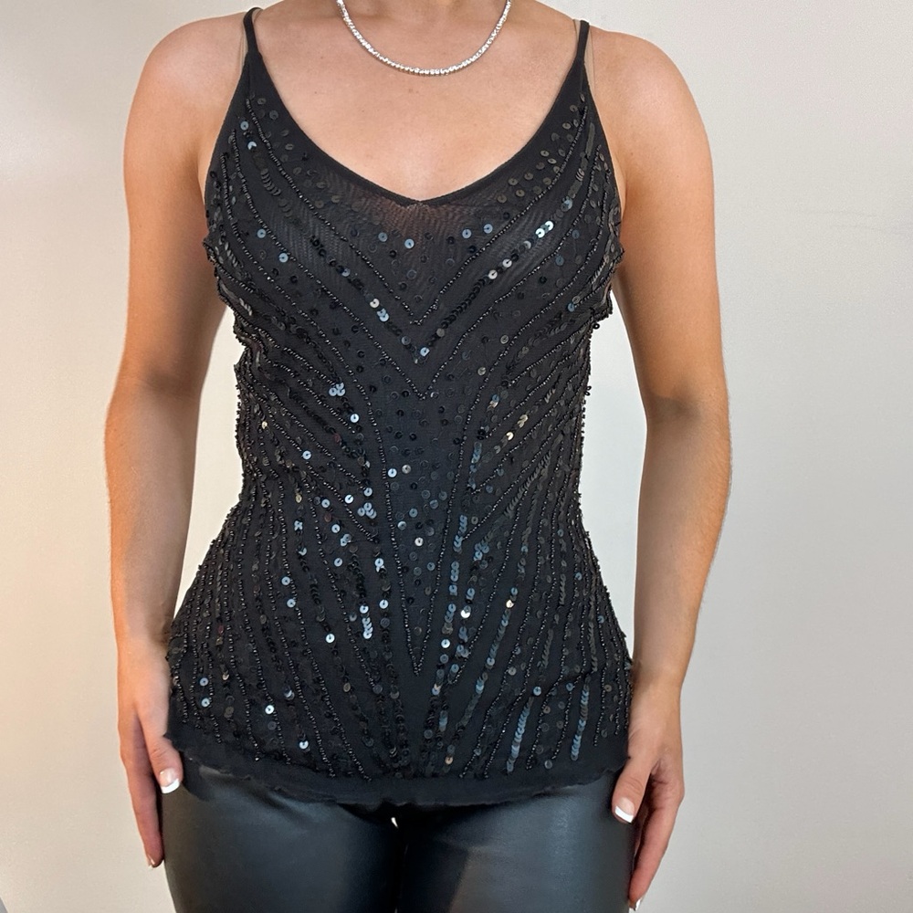 Vintage Wet Seal Y2K Black Sequin Beaded V-neck Tank Top Cami - Picture 4 of 9